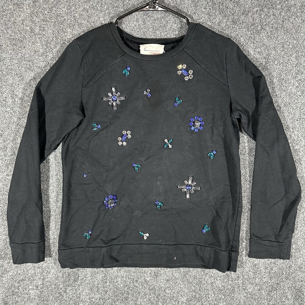 Two by Vince Camuto Black Embellished Rhinestone Jewel Sweatshirt Womens Medium
